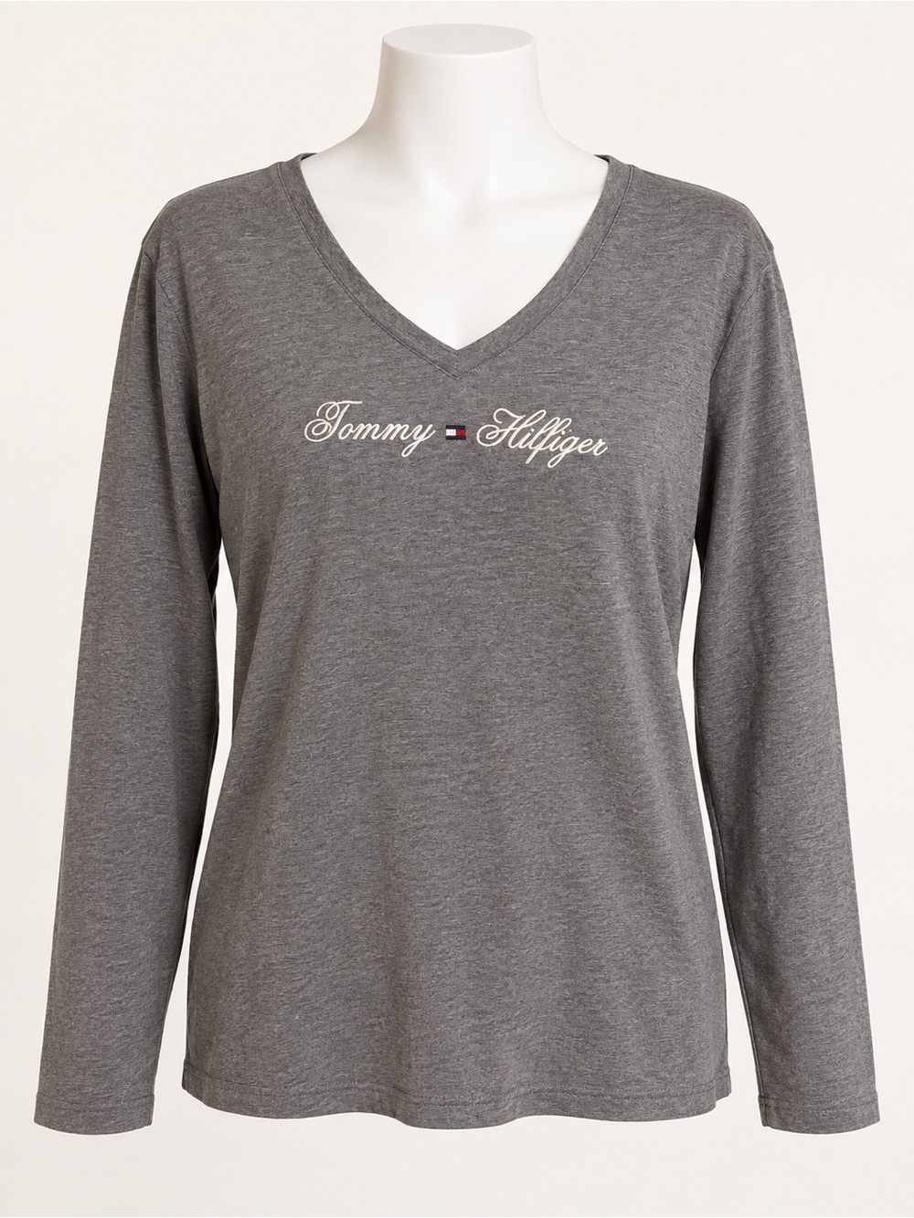 Tommy Hilfiger Gray V-Neck Long Sleeve Logo Tee